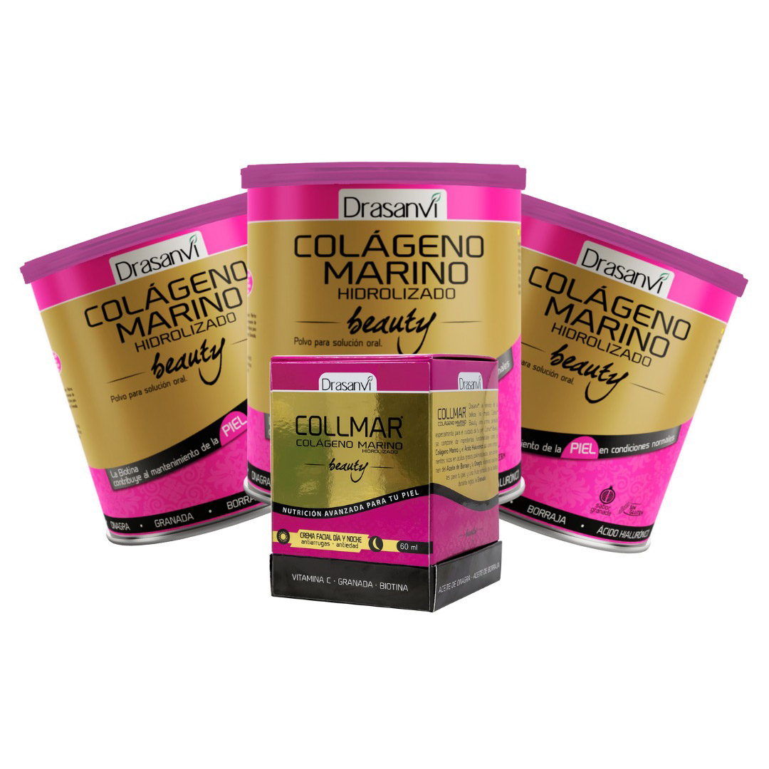 3 x Colágeno Marino Beauty 275gr + Crema de Colágeno con Ácido Hialurónico, Biotina y Onagra 60ml